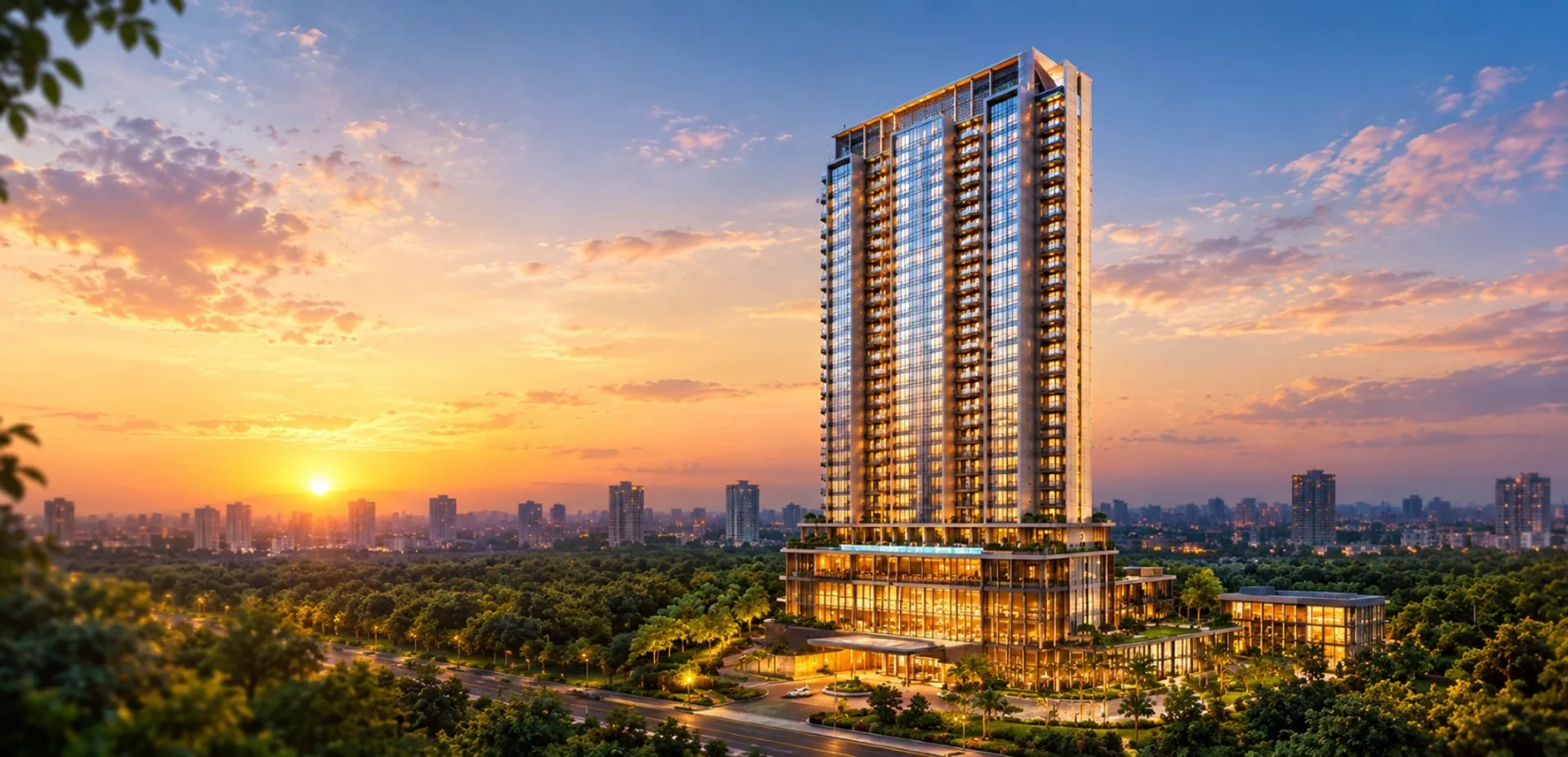 Luxury residential tower at sunset